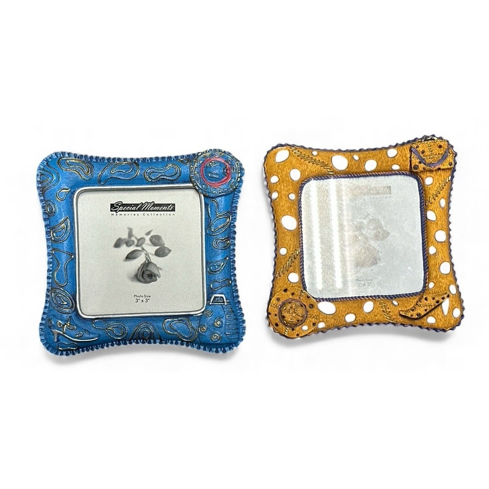 Special Moments photo picture frame 3" x 3" Blue Yellow Shoes Hats Purse Set 2